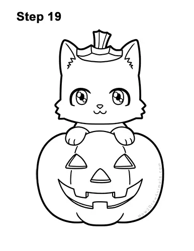 How to Draw Cute Cartoon Black Cat Kitten Halloween Chibi Kawaii 19