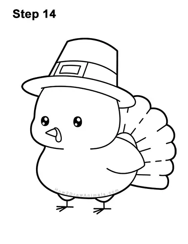 How to Draw a Cute Cartoon Pilgrim  Hat Turkey Thanksgiving Chibi Kawaii 14